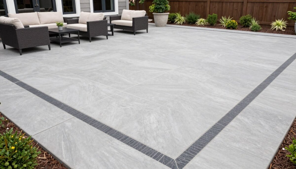 Large ashlar slate patio with contrasting border design in light gray and charcoal