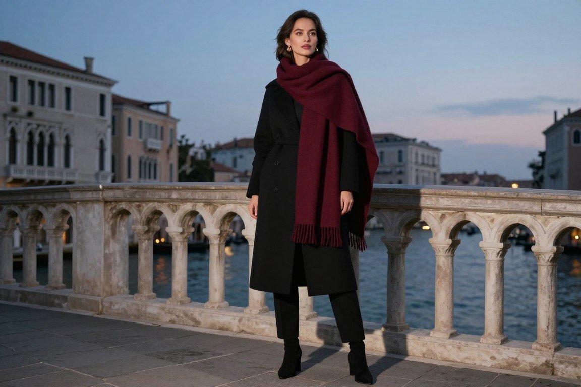 Large cashmere scarf styled as shawl over coat Italian accessory layering