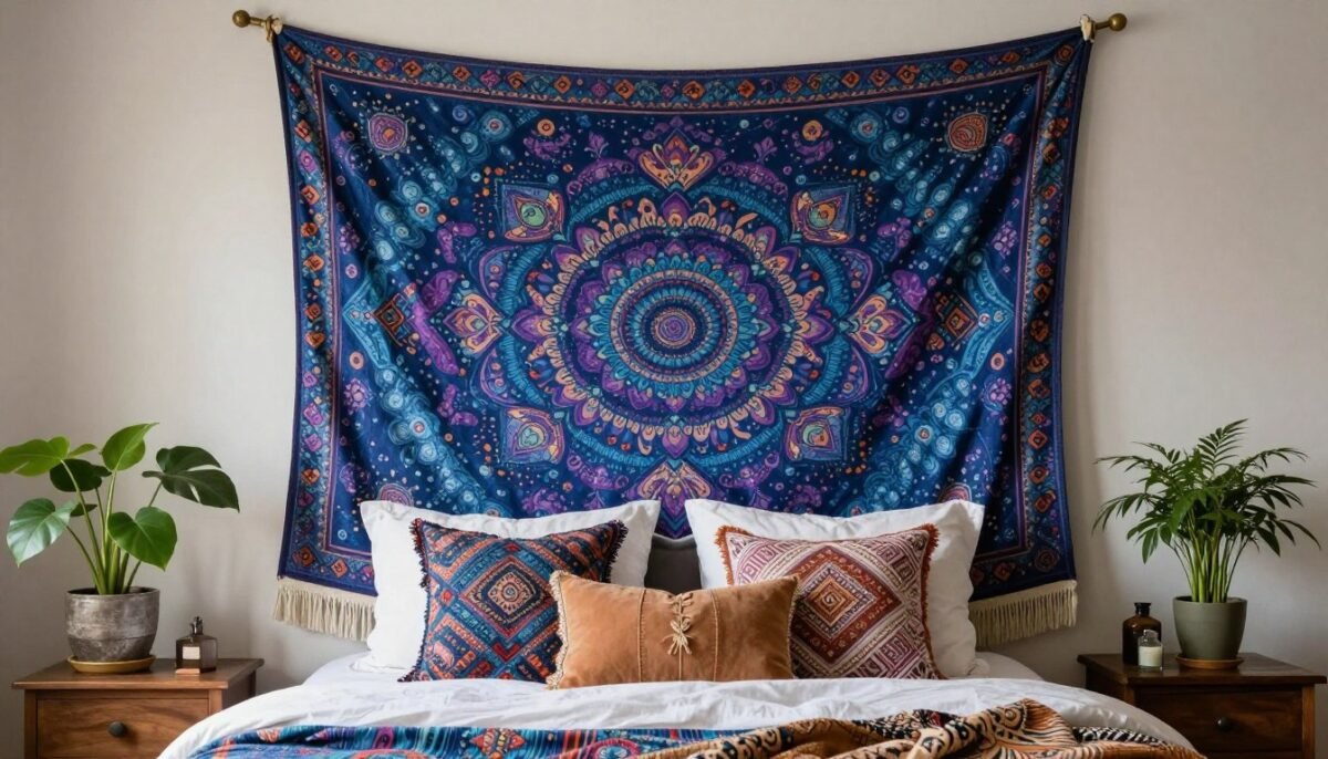 Large colorful bohemian tapestry hung as easy DIY headboard with vibrant patterns and fringe