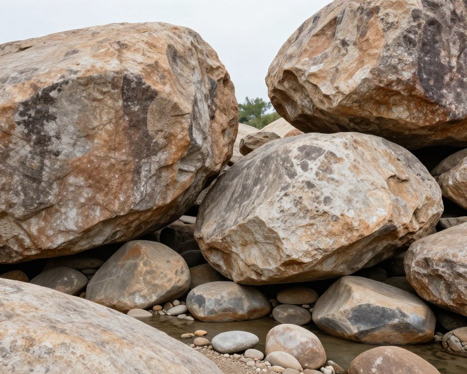 Large decorative boulders placed in dry creek bed