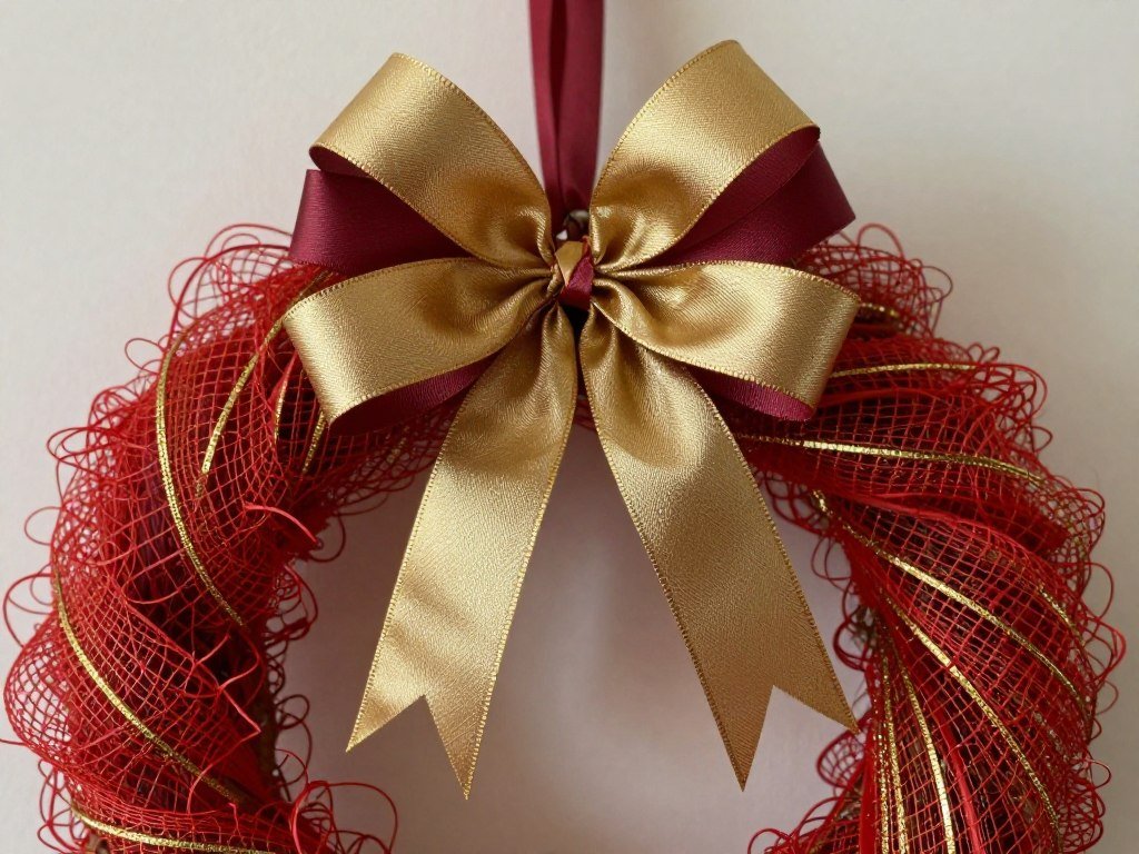 Large decorative bow attached to curly mesh wreath