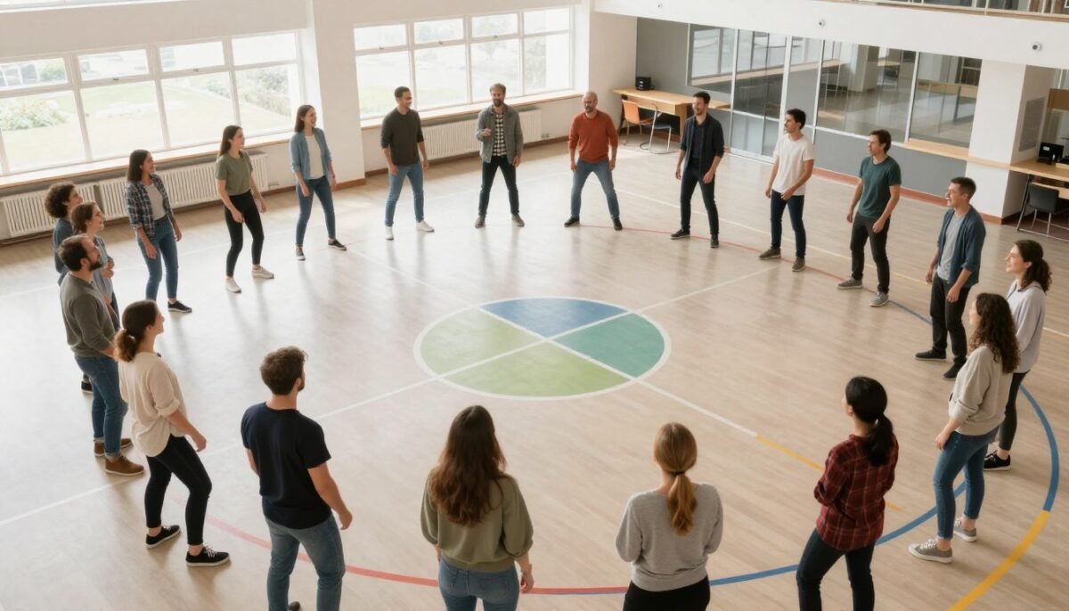 Large group of diverse people playing interactive party games in a spacious community hall