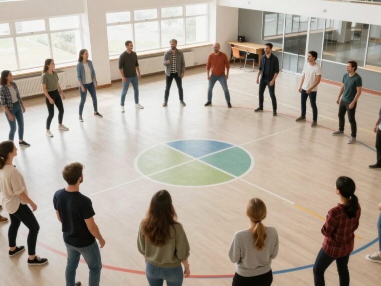Large group of diverse people playing interactive party games in a spacious community hall