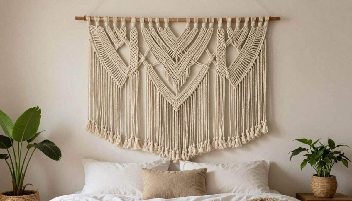 Large macrame wall hanging used as bohemian DIY headboard with intricate knotted patterns in cream color