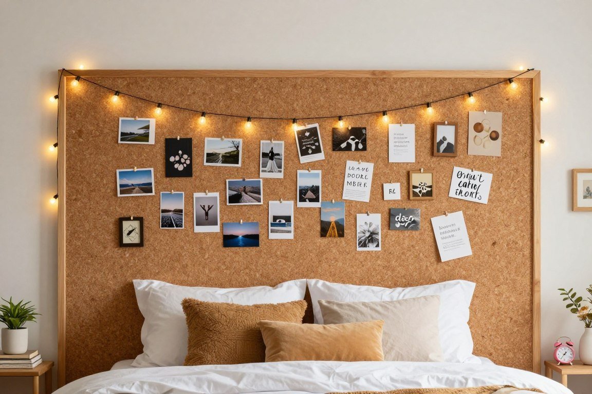 Large natural cork board DIY headboard pinned with photos, postcards, and inspirational quotes