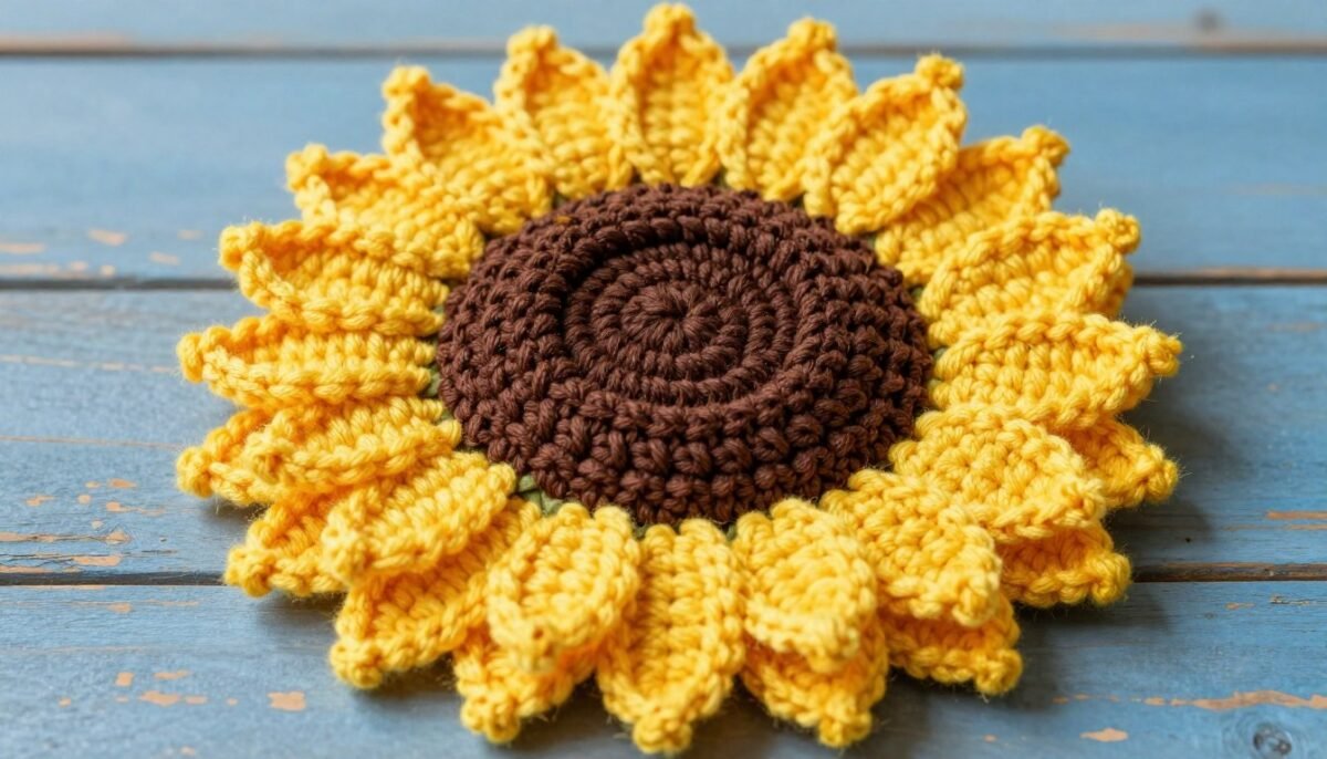 Large yellow sunflower crochet flower with dark brown center