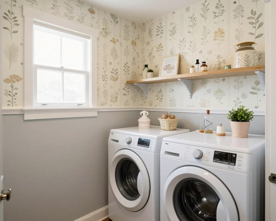 Laundry room with vintage-style wallpaper and gray paint