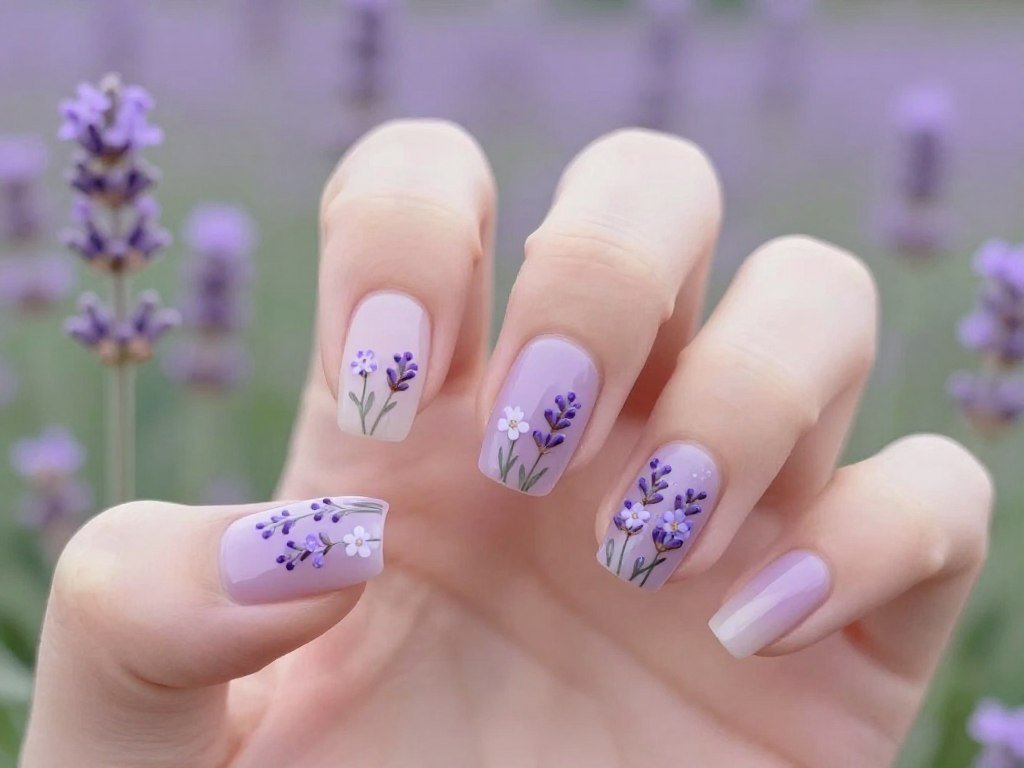 Lavender fields inspired June nails with purple flowers