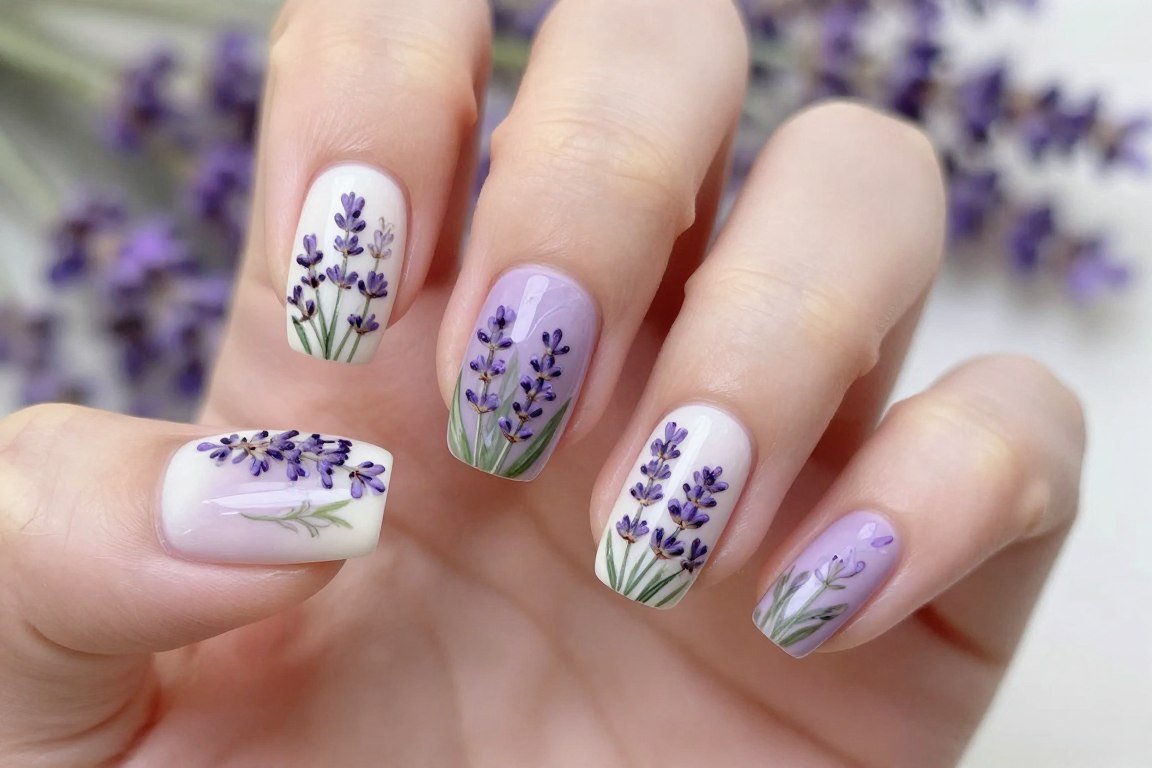 Lavender garden themed July nails with purple flowers and green accent details