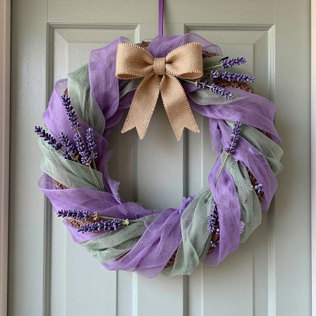 Lavender purple mesh wreath with artificial lavender sprigs
