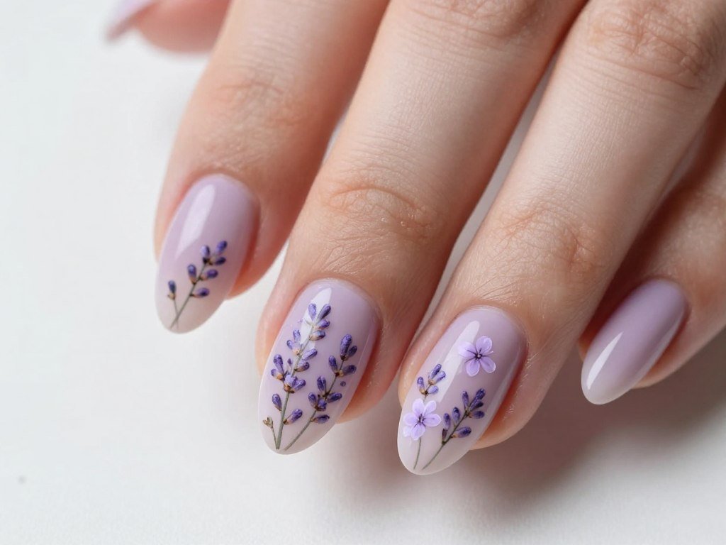 Lavender sprigs painted on soft purple nails