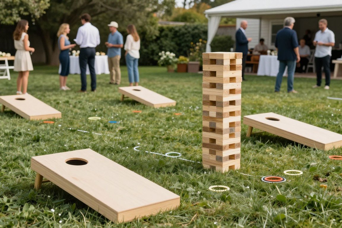 Lawn games set up at backyard wedding reception for guest entertainment