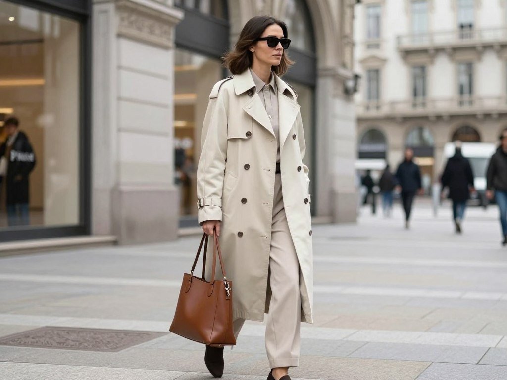 Layered Italian spring outfit with trench coat