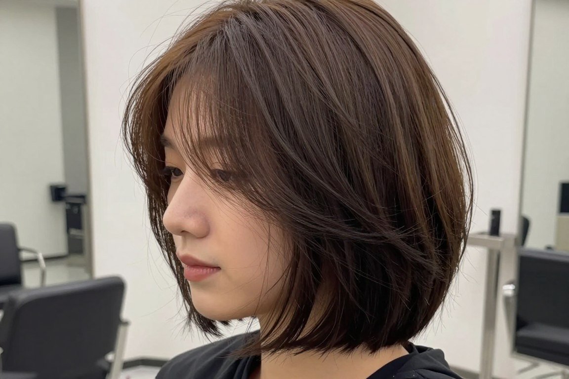 Layered bob with feathered ends for thin hair showing texture