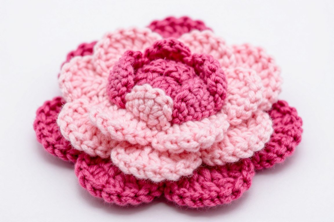 Layered crochet flower showing three stacked layers in gradient colors