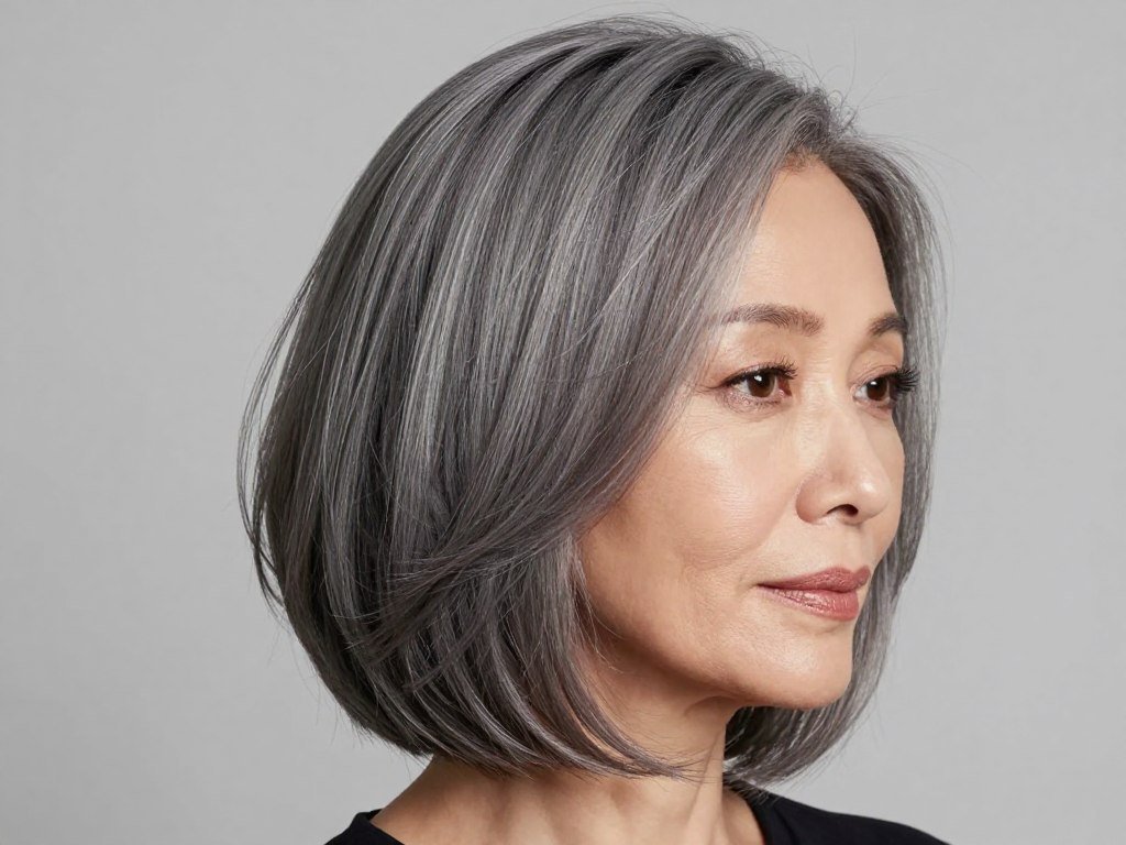 Layered gray bob with subtle silver highlights