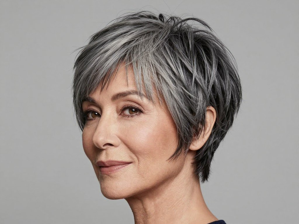 Layered pixie cut with side-swept bangs in natural gray hair