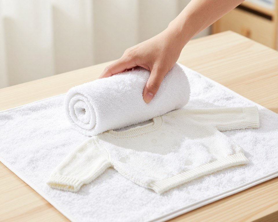 Laying baby sweater flat to dry on towel