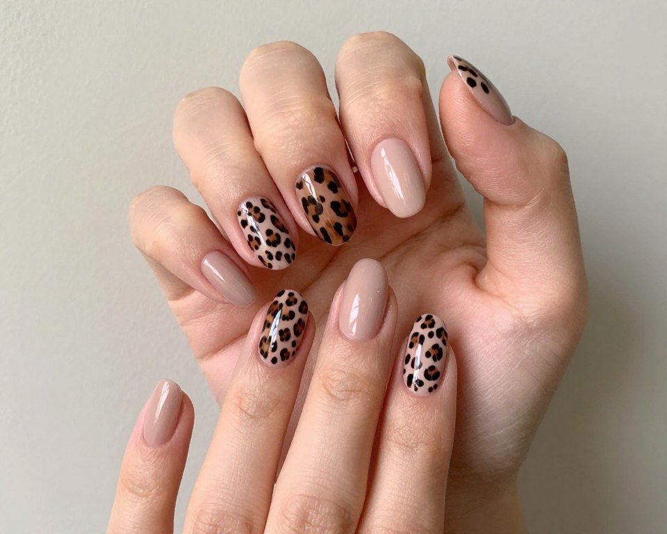 Leopard print October nails with brown and black spots on nude base