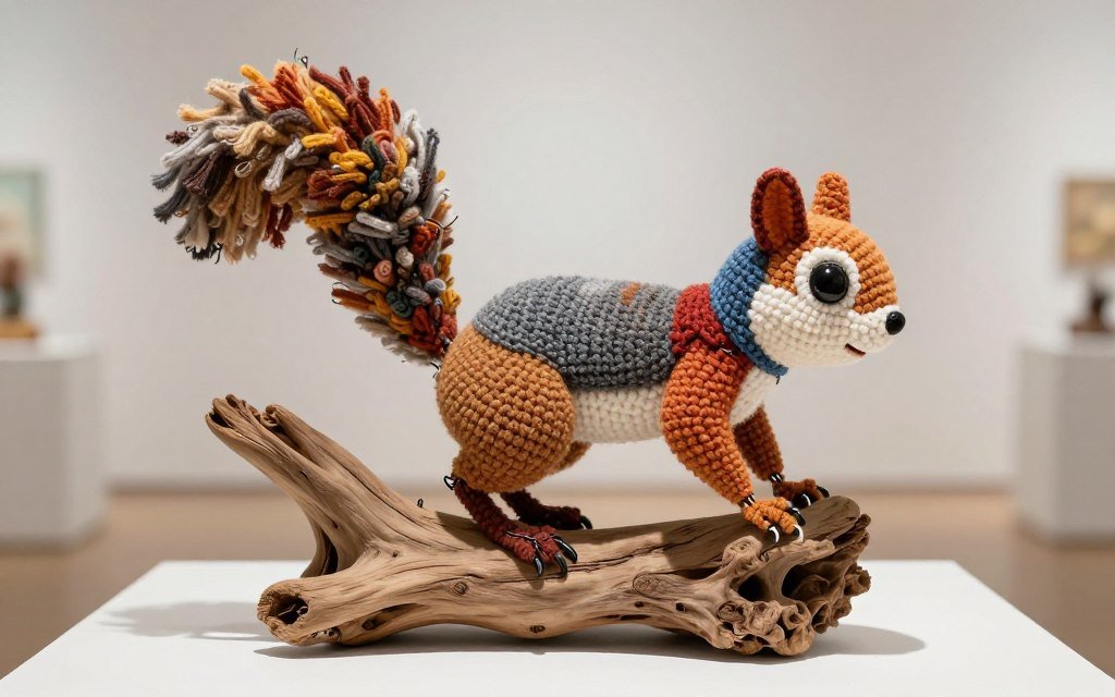 Lifelike sculptural crochet squirrel with wire armature in dynamic pose