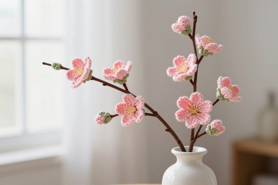 Light pink cherry blossom crochet flowers on branch arrangement