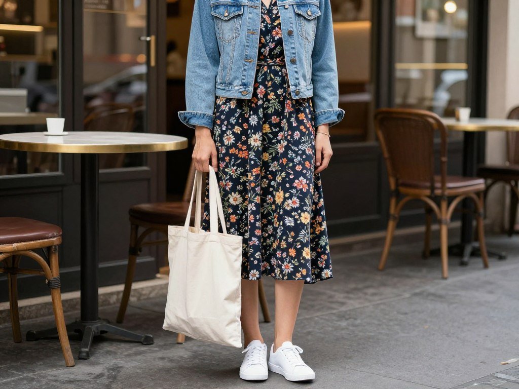 Light wash denim jacket over midi dress outfit