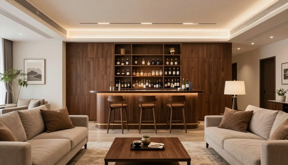 Living room with built-in bar showing proper layout and design for built-in bar ideas