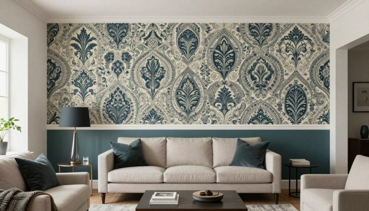 Living room with half wallpaper half paint on single accent wall