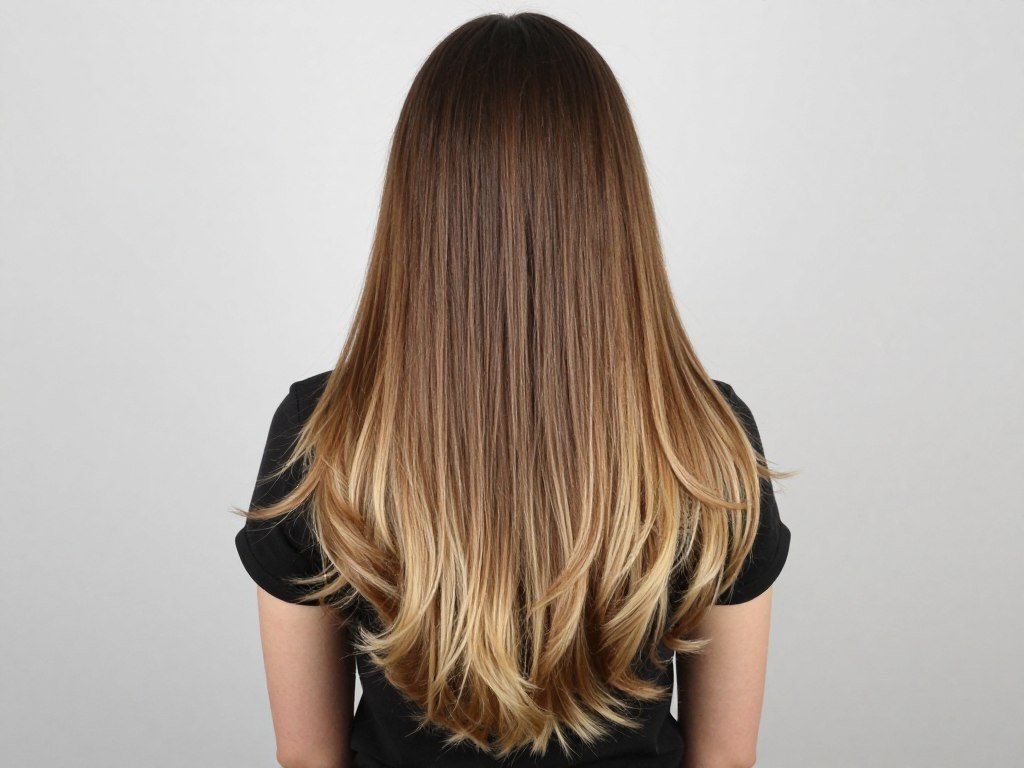 Long brown hair with blonde balayage showing full length color transition