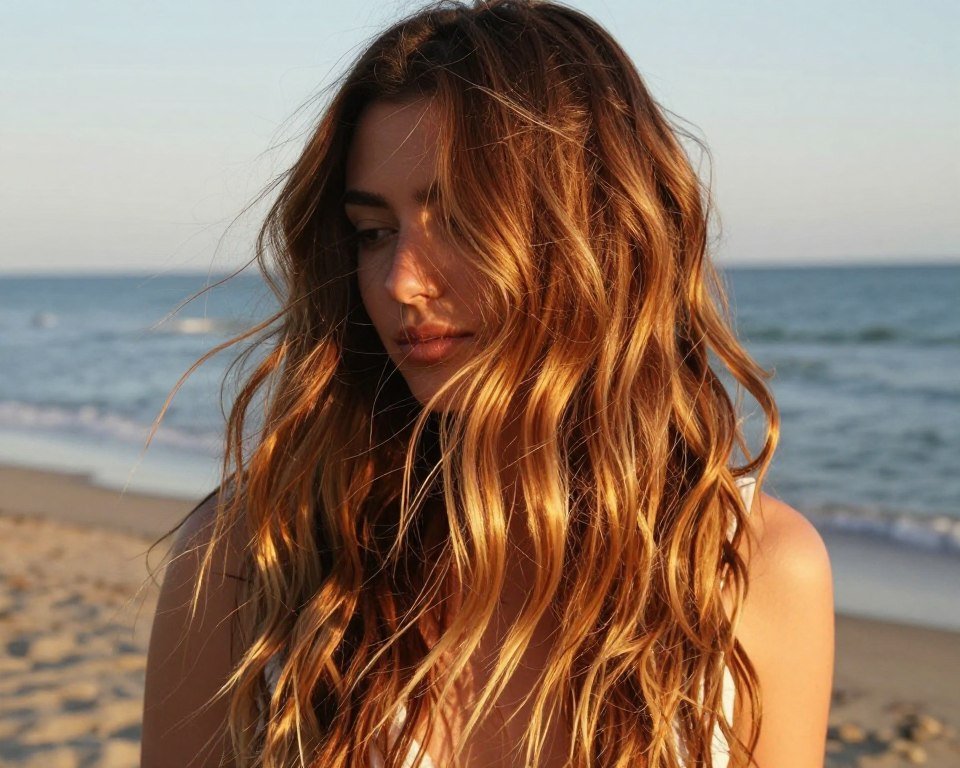 Long brown hair with honey blonde balayage in natural sunlight
