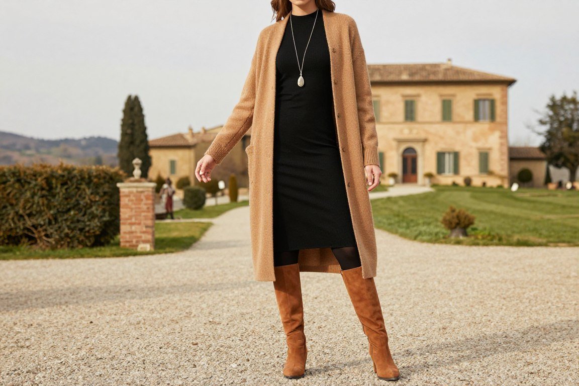 Long camel cardigan over simple dress and boots layering outfit
