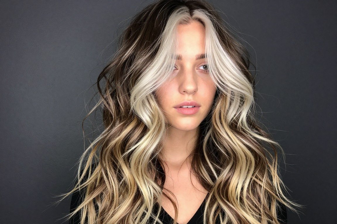 Long hair with money piece highlights framing face