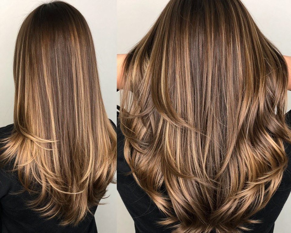 Long layered hair showing blonde balayage dimension throughout