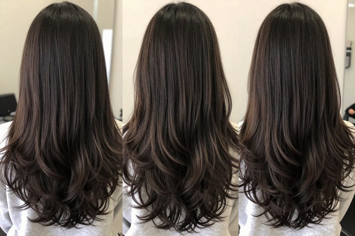Long layered hair with dark balayage, witchy long hairstyle with dimension
