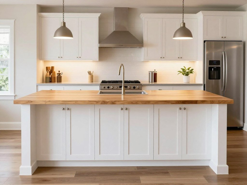 Long narrow island optimized for galley kitchen layout