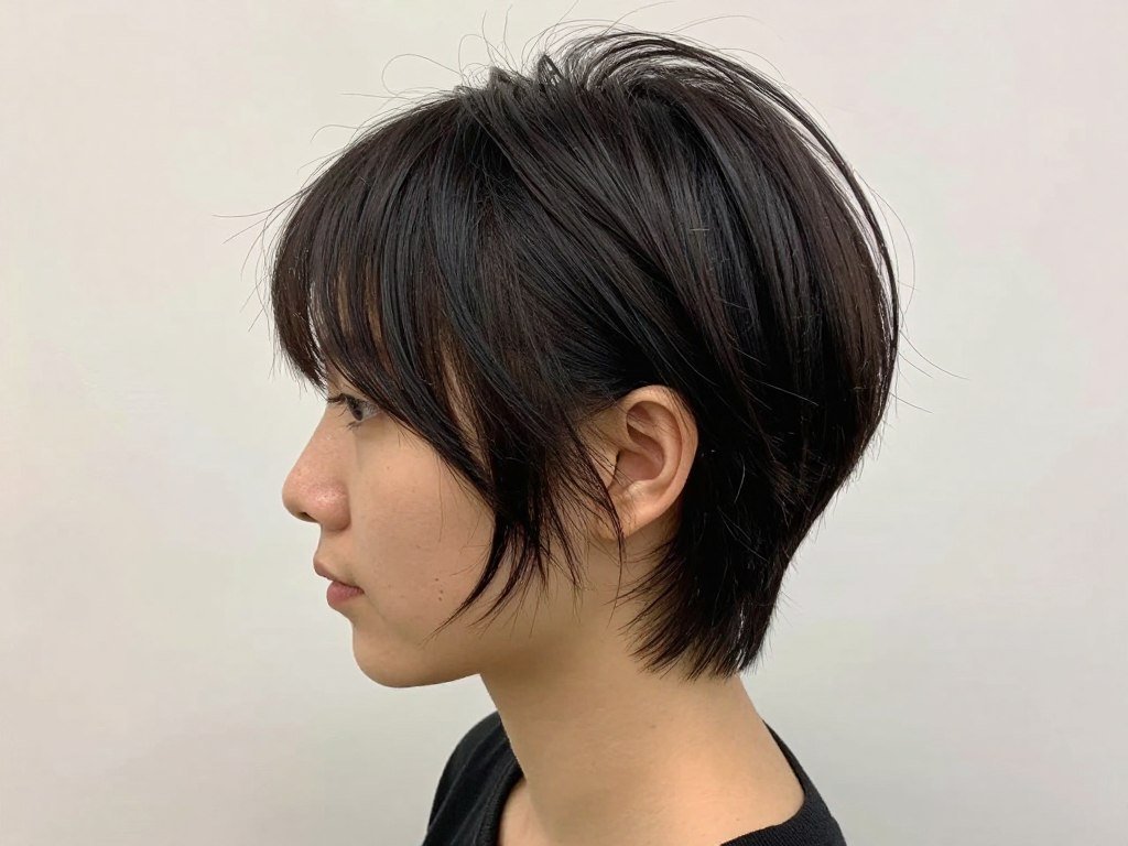 Long pixie cut with side-swept bangs, witchy short haircut