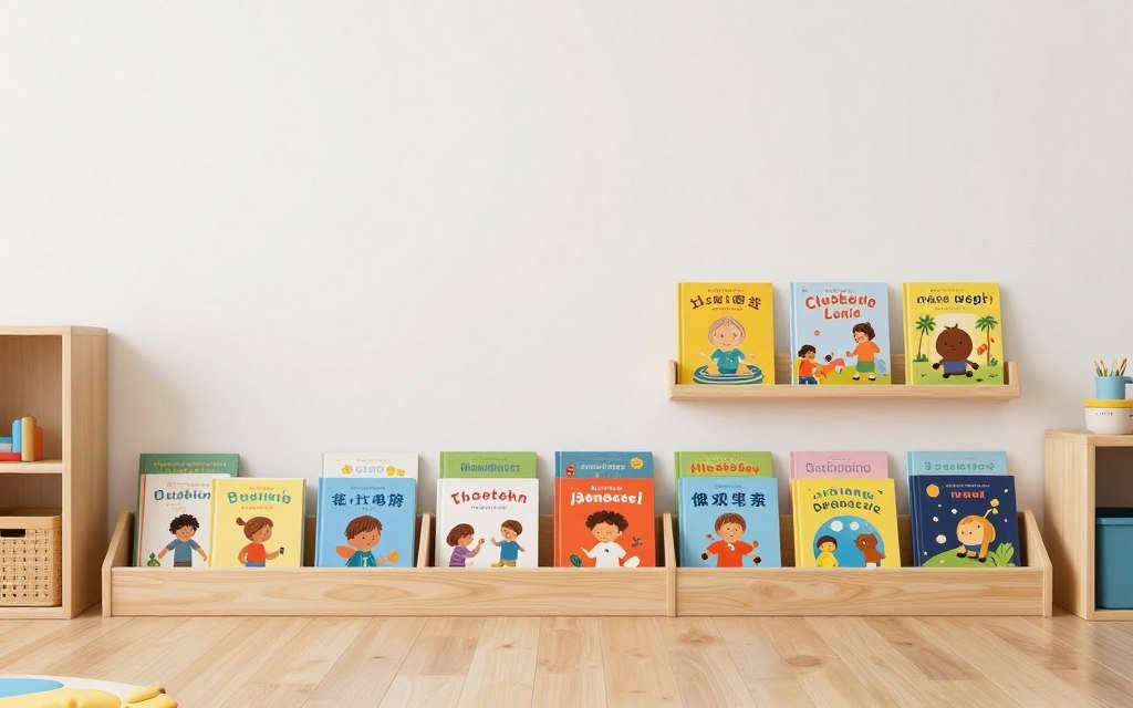 Low-mounted IKEA FLISAT book displays for kids