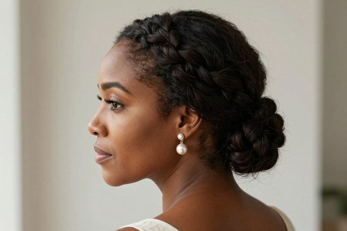 Low twisted chignon hairstyle for older Black women showing natural texture