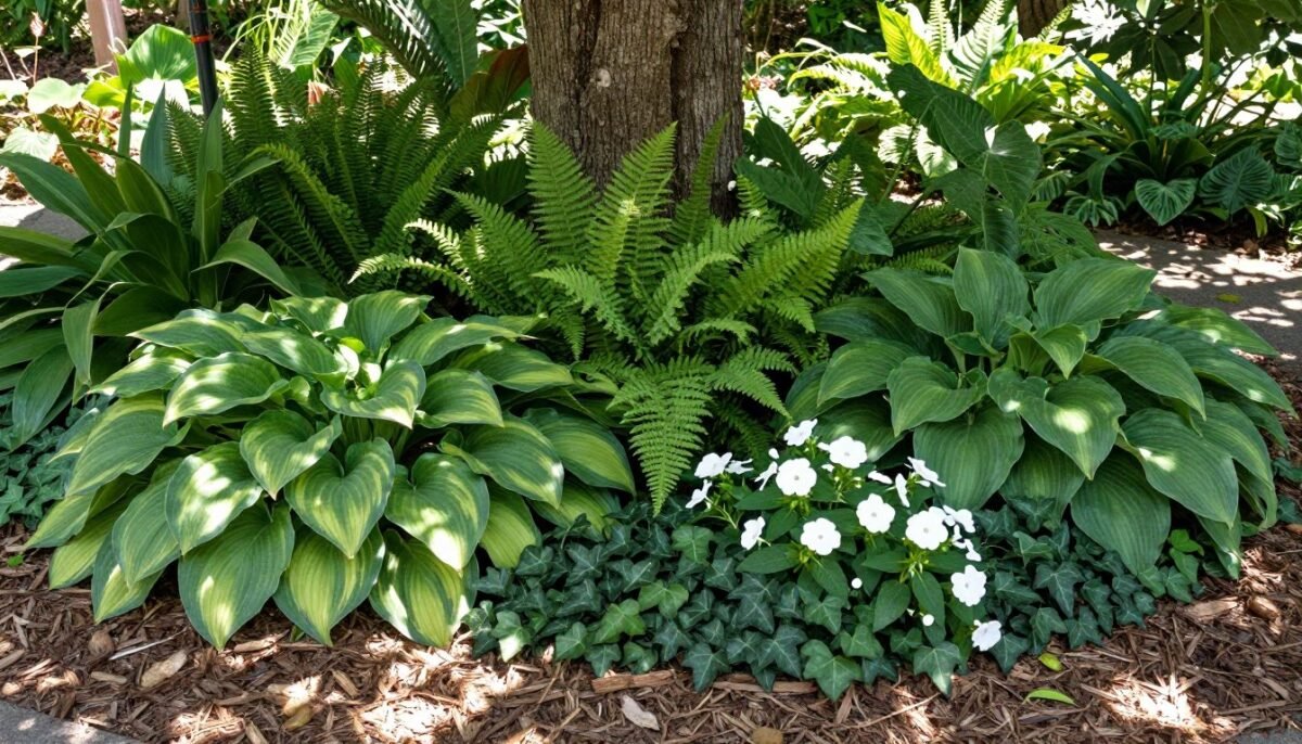 Lush shade garden with hostas and ferns