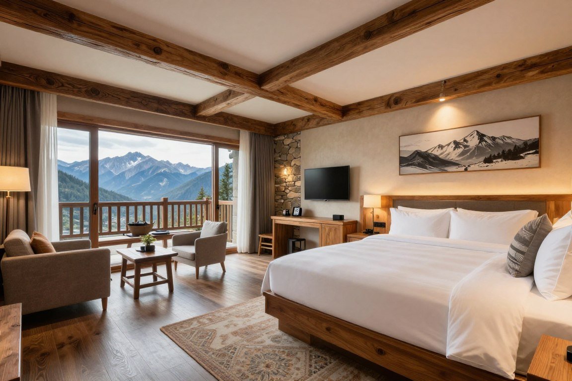 Luxurious guest room at Dancing Bear Lodge with mountain decor