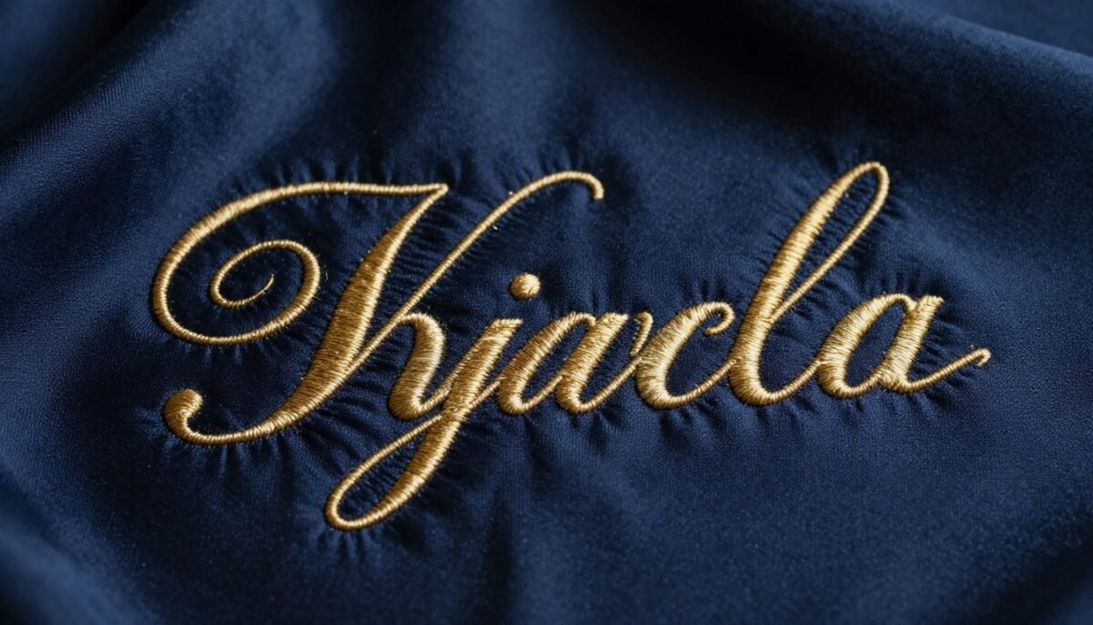 Luxurious hand embroidered script letters using gold metallic thread on dark silk fabric