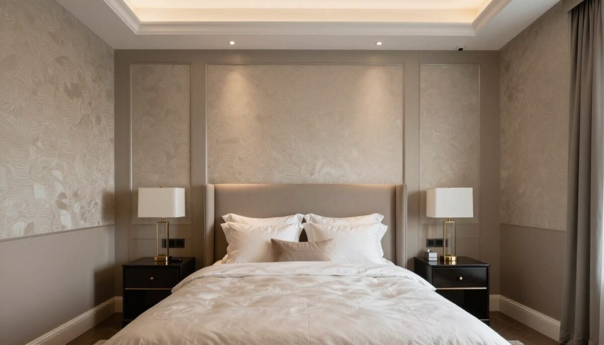 Luxurious master bedroom with silk wallpaper and taupe paint