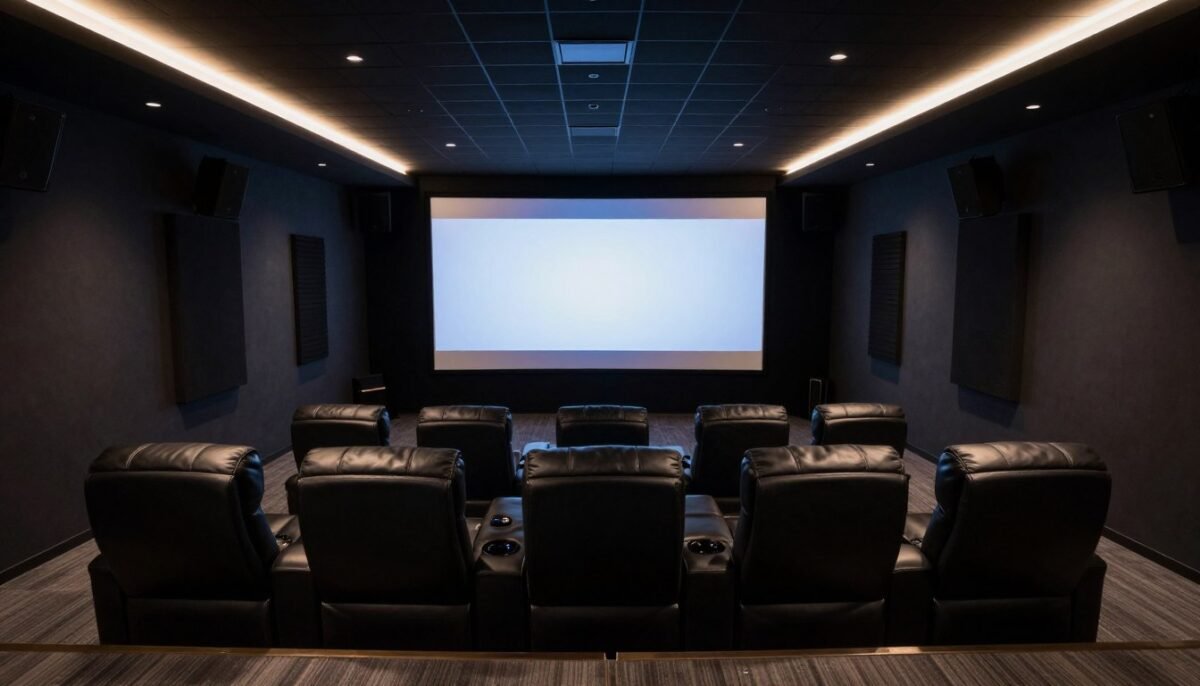 Luxury home theater with tiered seating and projection screen in bonus room