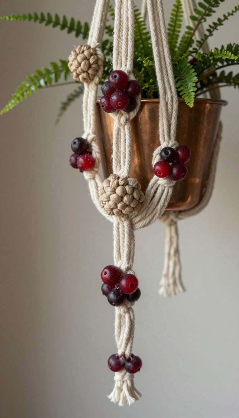 Macrame plant hanger with berry knot decorative elements