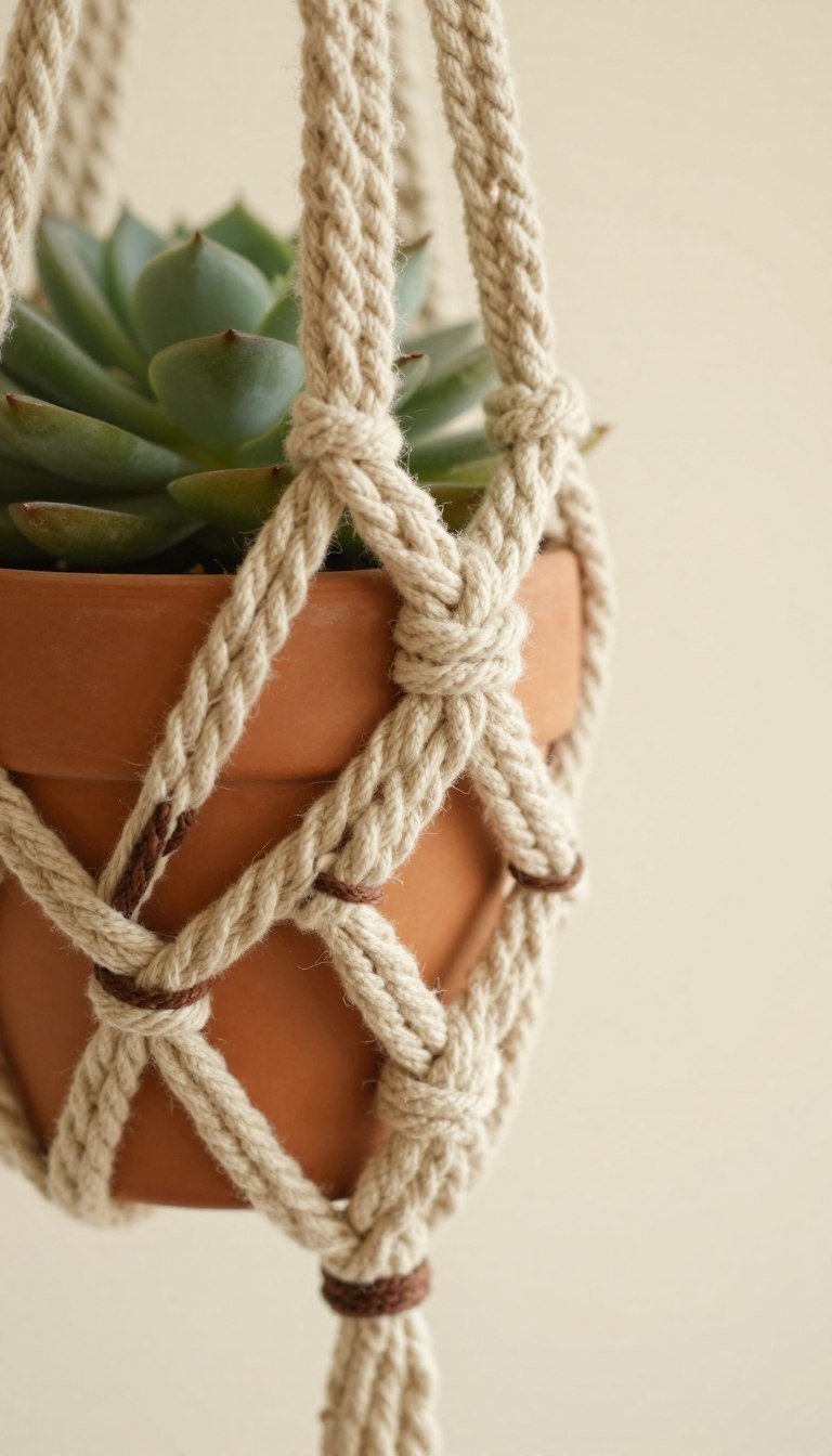 Macrame plant hanger with decorative wrapped gathering knots