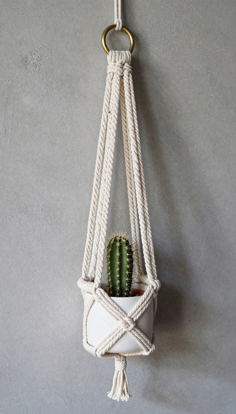 Macrame plant hanger with twisted cord straps and simple basket