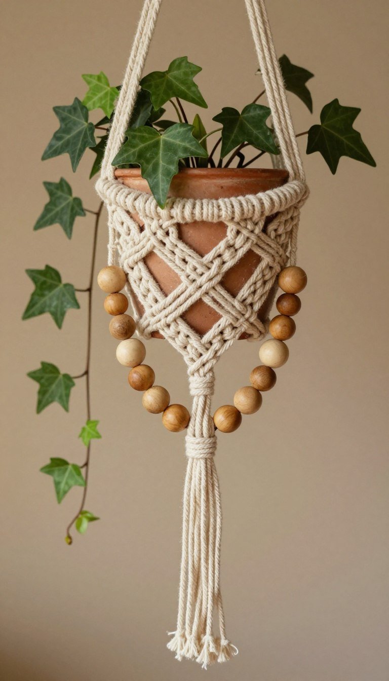 Macrame plant hanger with wooden beads as decorative accents