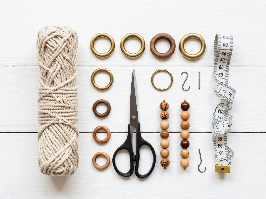 Macrame supplies including cotton cord, metal rings, and scissors for plant hanger projects