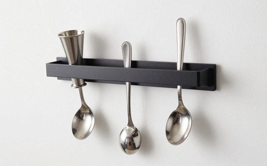 Magnetic strip holding bar tools on apartment wall