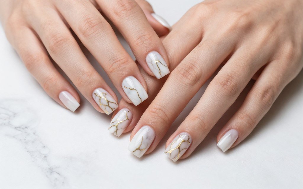 Marble effect nails with gold veining design